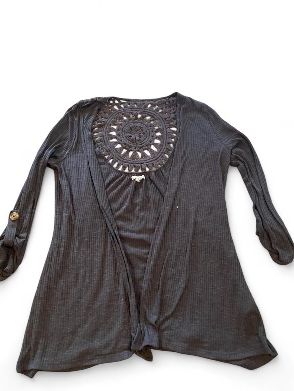 Maurices Black Open-Front Cardigan with Crochet Back Detail